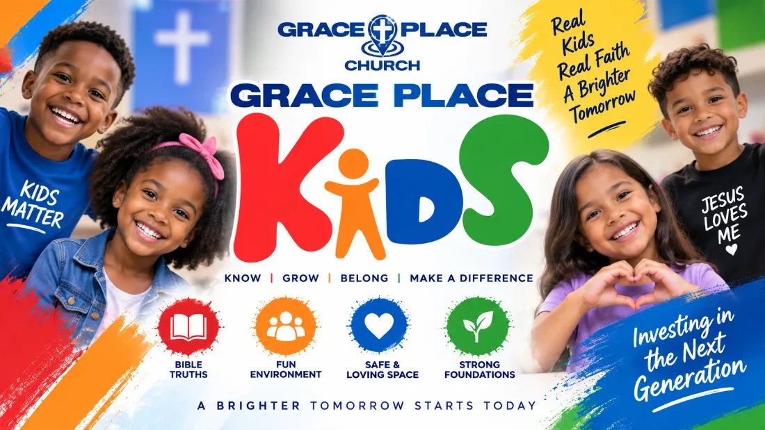Grace Place Kids: Know, grow, belong, make a difference. Bible truths, fun environment, safe and loving space, strong foundations.